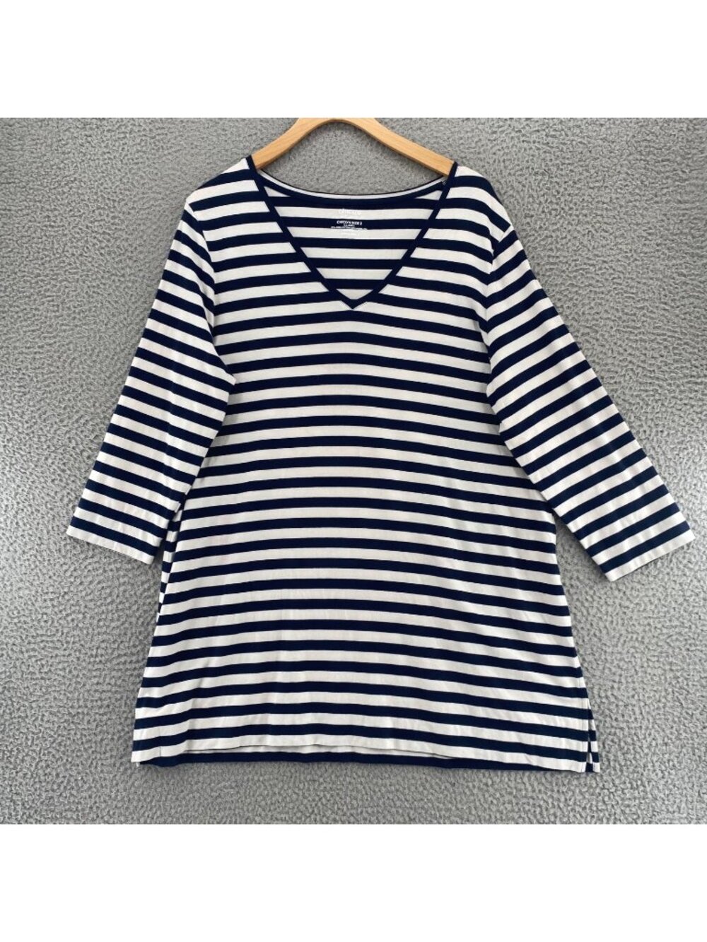 Chicos Top Womens 2 US Large Navy White Striped Ultimate Tee V Neck Knit Tunic